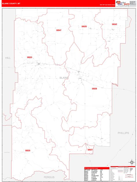 Blaine County, MT Zip Code Wall Map Red Line Style by MarketMAPS