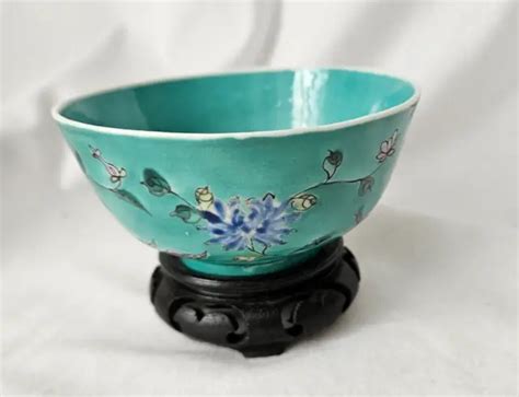 ANTIQUE CHINESE PORCELAIN Bowl Famille Verte China Export Turquoise with Stand $89.99 - PicClick