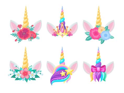 Cabezas de unicornio con cuernos, flores y orejas. | Vector Premium