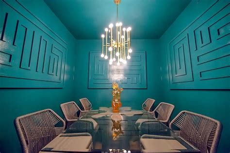 Small Dining room at 8500 Burton Beverly Hills. Custom maze wainscoting art pieces. Farrow ...