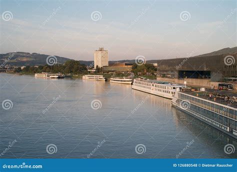 The River Danube with Cruise Ships in Linz, Austria Stock Photo - Image ...