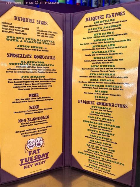 Menu at Fat Tuesday Key West Duval St pub & bar, Key West, 305 Duval St