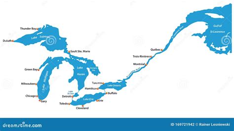 Map of the Great Lakes and St Lawrence River with Major Cities Stock Vector - Illustration of ...