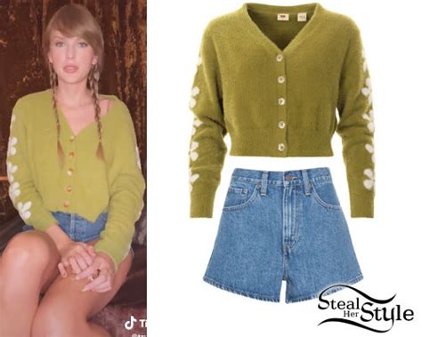 Taylor Swift: Green Cardigan, Denim Shorts | Steal Her Style