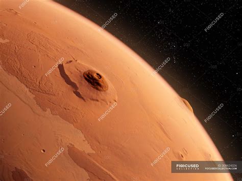 Olympus Mons volcano on Mars surface from space, digital illustration ...