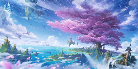 Wallpaper : Jun Zhang, digital art, fantasy art, cherry blossom, dragon, waterfall, landscape ...