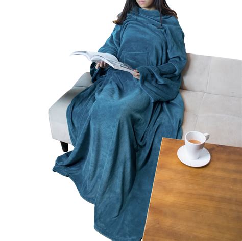 PAVILIA Oversized Plush Wearable Flannel Wrap Blanket with Sleeves, Front Pocket, Teal Blue ...