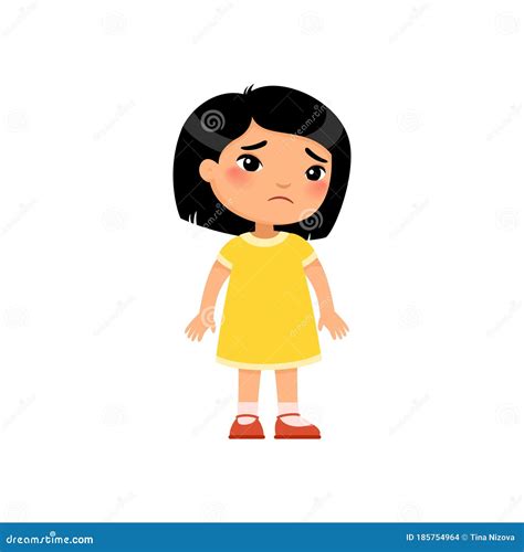 Sadness Little Asian Girl Flat Vector Illustration. Upset Child Standing Alone Cartoon Character ...