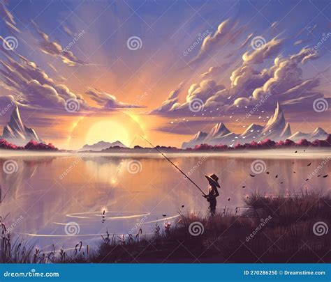 Boy fishing at the sunset stock illustration. Illustration of sunlight - 270286250