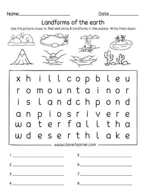 Landform Printable Worksheets for Preschools and Kindergarten 3d