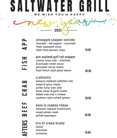 Menu at Saltwater Grill restaurant, Galveston