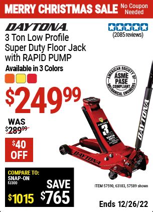 DAYTONA 3 Ton Low Profile Super Duty Rapid Pump Floor Jack for $249.99 – Harbor Freight Coupons