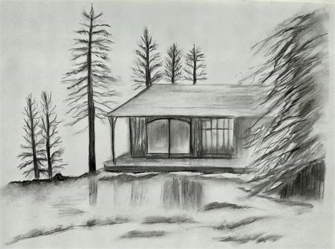 Small house - house, sketch, graphics, coal, nature, trees, reflection ...