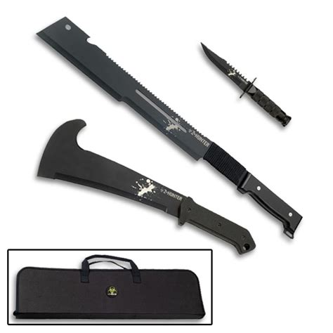 Zombie Hunter Machete Survival Set - Sawtooth Hunting Machetes - Jungle Trailsman Machete Case