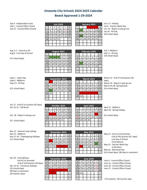 Oneonta City Schools Calendar 2024-2025 with Holidays