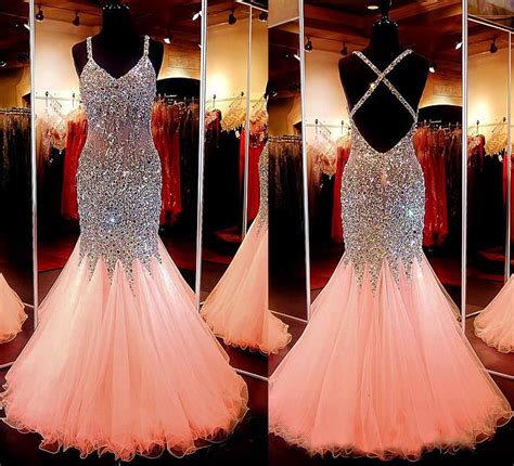 Spaghetti Strap Pink Tulle Sparkly Mermaid Prom Dress,Long Backless Prom Gown on Luulla