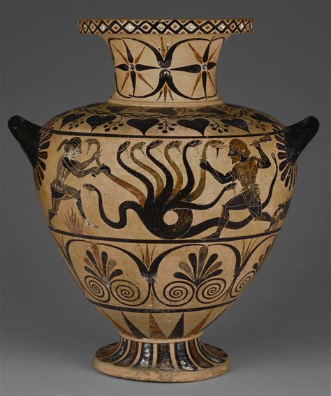 Black-figure hydria with Heracles battling the Lernaean Hydra. Attributed to the Eagle Painter ...