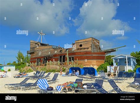 Pirate Ship at Half Moon Cay, Little San Salvador Island, the Bahamas. Half Moon Cay is a ...