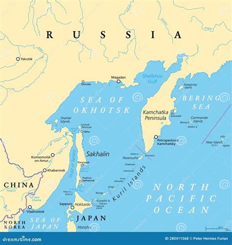 Sea Of Okhotsk, A Marginal Sea Of The Pacific Ocean, Political Map ...