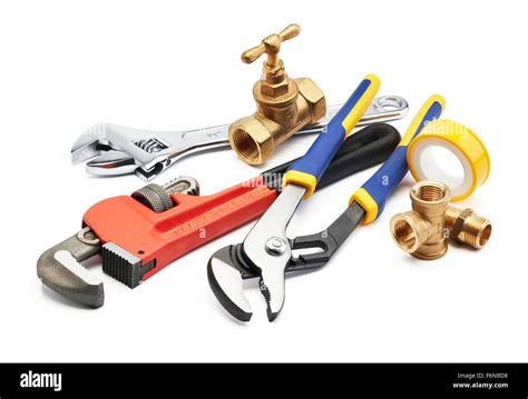 various type of plumbing tools against white background Stock Photo - Alamy