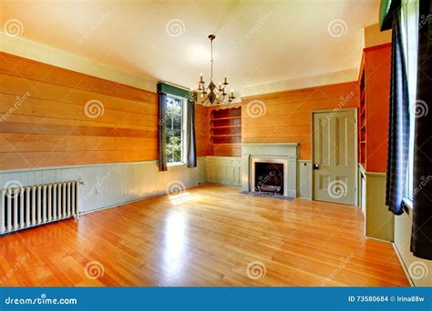 Bright Empty Wooden Living Room Interior with Fireplace and Built-in Cabinets. Stock Photo ...