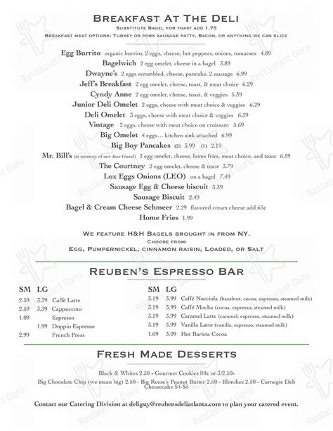 Menu at Reuben's Deli restaurant, Atlanta, 57 Broad St NW