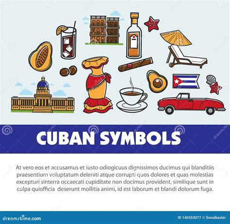 Cuba Travel Poster With Information On Cuban Culture Famous Symbols And Havana Landmarks ...