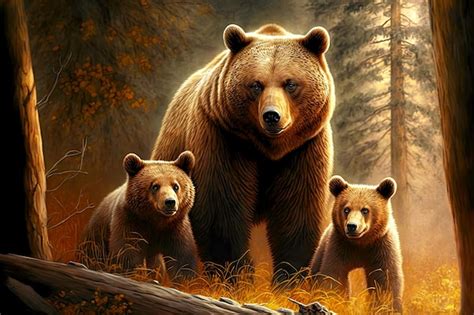 Premium Photo | Family of cute bear with cubs playing in clearing by ...