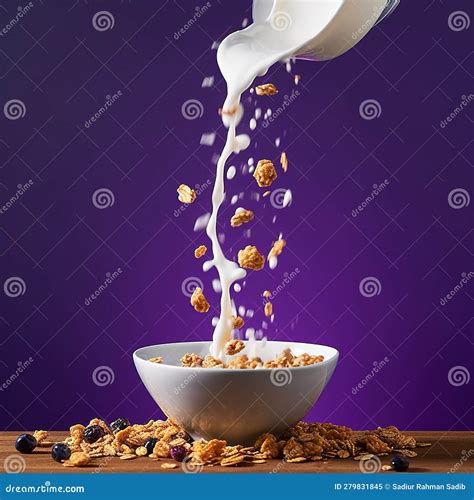 Pouring Milk into a Bowl. Falling Granola with Milk Splash in Bowl. Healthy Breakfast Stock ...