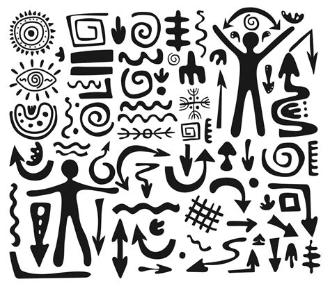 Big set primitive ethnic ornaments, petroglyphs. Arrows, lines, circles. Pattern, spiral drawing ...