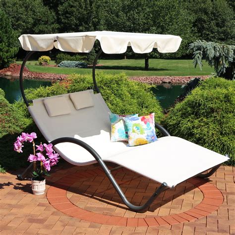 Sunnydaze Double Chaise Lounge with Canopy Shade and Headrest Pillows - Beige - Walmart.com ...