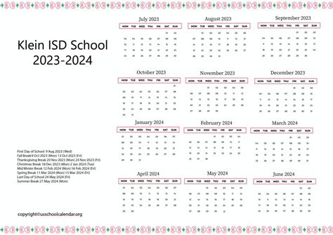 Klein ISD School Calendar with Holidays 2023-2024