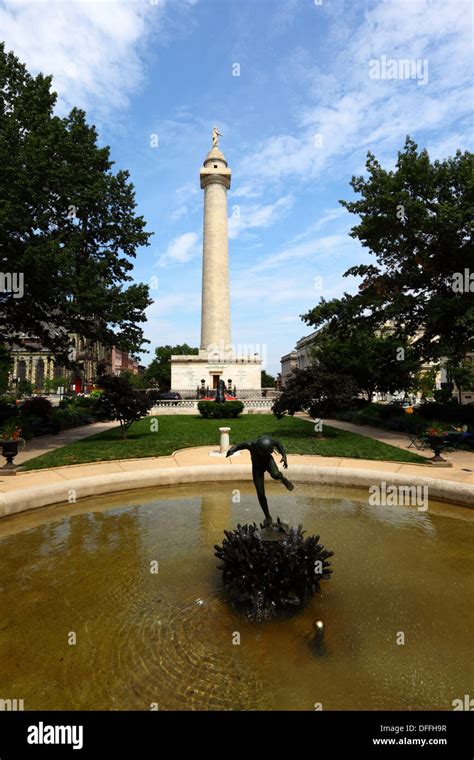 George Washington monument and fountain, West Mount Vernon Place, Mount ...