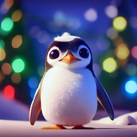 Premium Photo | Cute baby penguin with big eyes and christmas lights 3d ...