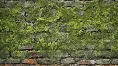 Weathered Brick Wall Texture Featuring Vibrant Green Algae Or Lichen Background, Dirty Wall ...