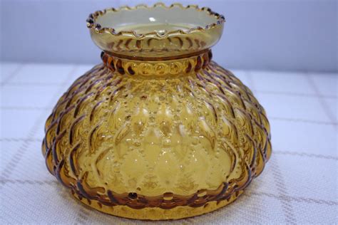Antique Fenton 7 Inch Oil Lamp Shade Light Amber Glass Diamond Quilted replacement globe ...