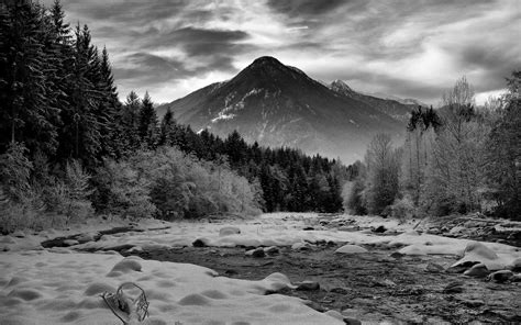 Mountains Landscape River Snow Winter BW Rocks Stones Forest Trees HD wallpaper | nature and ...