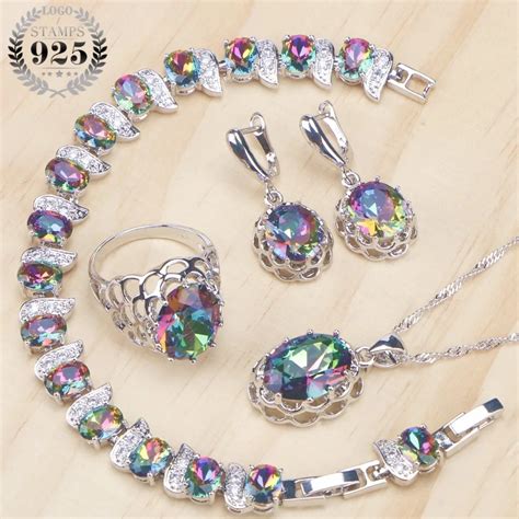 925 Sterling Silver Women Bridal Jewelry Sets Magic Rainbow Zirconia Earrings Bracelet Pendant ...