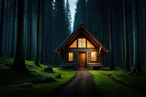 Premium AI Image | A small house in a forest at night