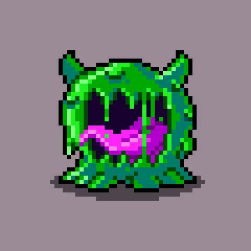 an old school pixel art style image of a green monster with purple eyes and fangs