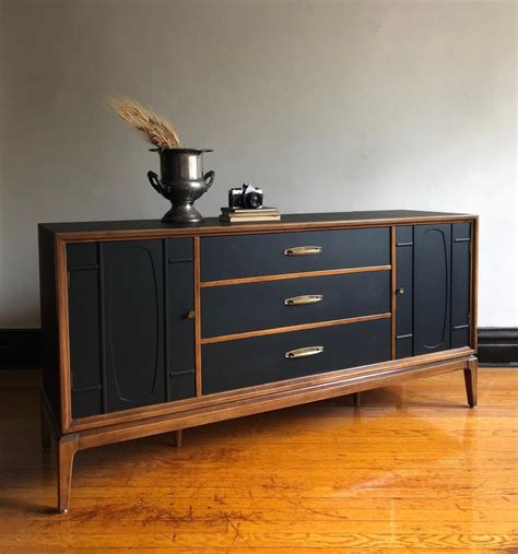 Black and Wood Mid Century Modern Credenza//Vintage Modern Media Console//Refinished Mid Century ...