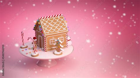 Animated Christmas scene in still shot, snow falls on a house and gingerbread trees and a little ...