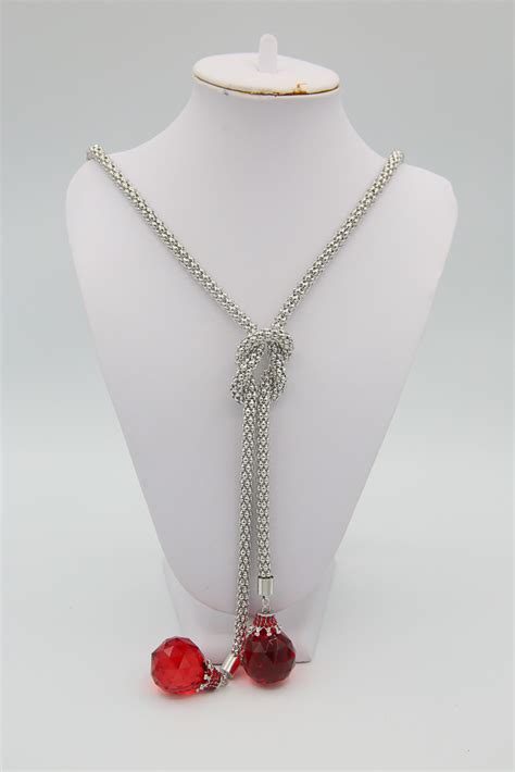 Long Silver Red Gemstone Necklace - Le Sheek Christys