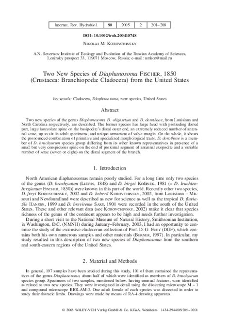 (PDF) Two new species ofDiaphanosomaFischer, 1850(Crustacea: Branchiopoda: Cladocera) from the ...