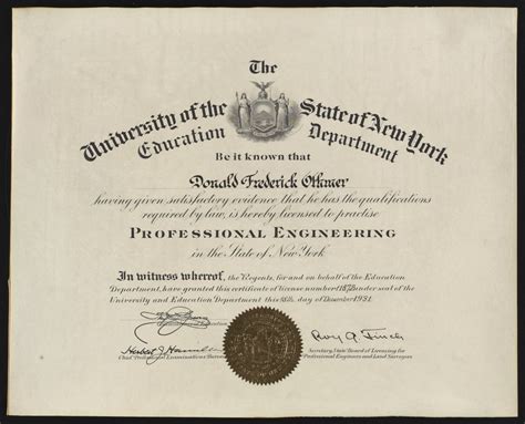 Certificate licensing Donald F. Othmer as a Professional Engineer in the State of New York ...
