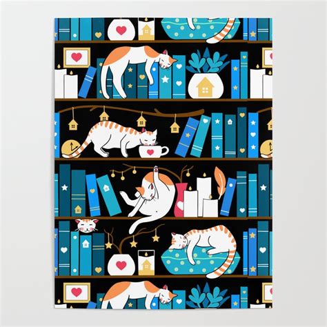 Library cats - ocean blue Poster by Elena Naylor | Society6