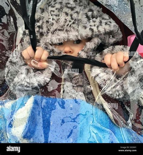 Baby peeking out of the pram rain cover on a rainy day Stock Photo - Alamy