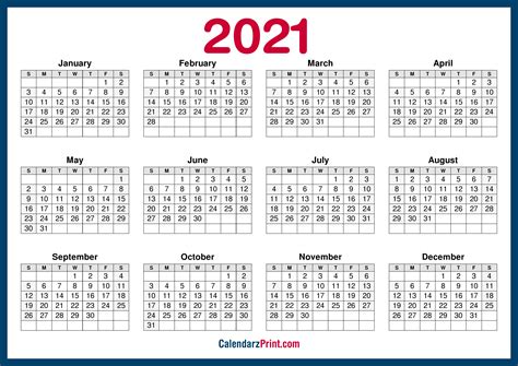 2021 Calendar Printable Free, Horizontal, HD, Navy Blue – CalendarzPrint | Free Calendars ...