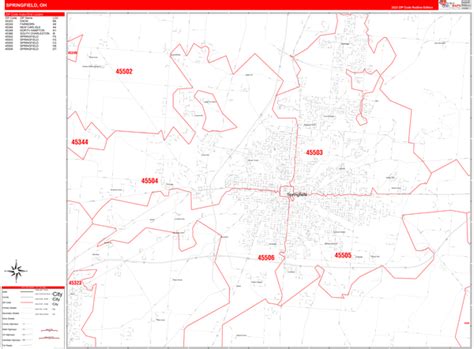 Springfield Ohio Zip Code Wall Map (Red Line Style) by MarketMAPS - MapSales