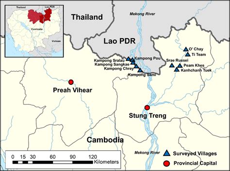 Map showing the surveyed areas of Preah Vihear and Stung Treng ...